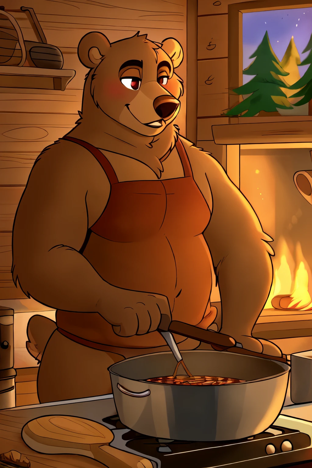 ((best quality)), ((masterpiece)), (detailed), (cartoon), bear, a anthromorphic bear cooking inside a wooden cabin kitchen holding a pan with some spices on the counter, a on the wall above the stove with trees outside in the middle of the forest , bear, fluffy (art done by letodoesart)