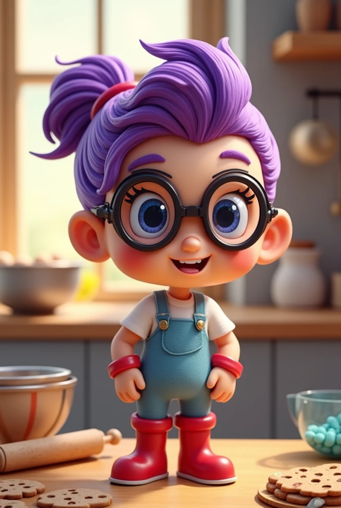 A character, with purple hair, technological glasses, red boots, cookie cook, cartoon 