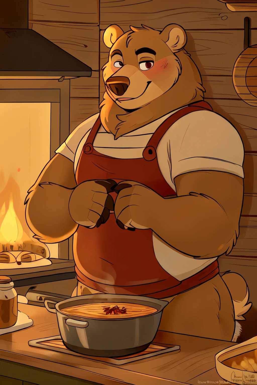 male, grizzly bear, fat, anime, blacksmith working at a forge, black apron, crossed arms