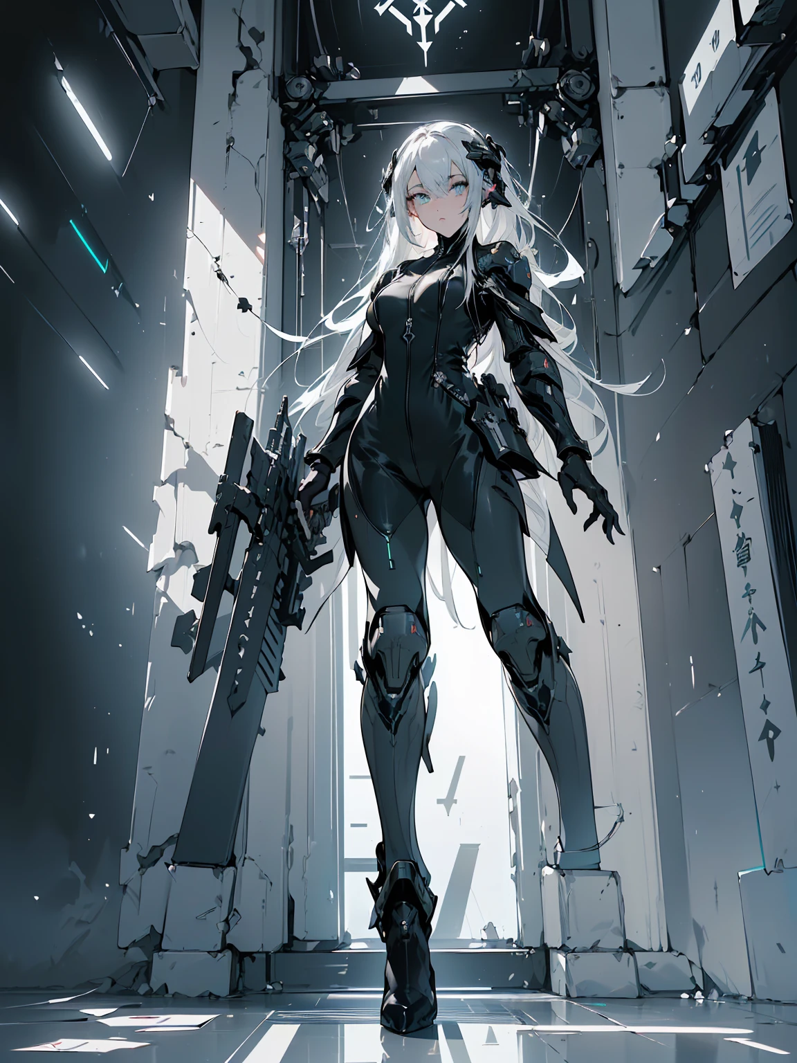 Design a layout showcase Gaming character, (1girl). Black+Silver clothes, sleek and modern, ((showcase weapon:1.4)), laser gun, (masterpiece:1.2), (best quality), 4k, ultra-detailed, (Step by step design, layout art:1.5), (neon lighting, cyber ambiance), cyberpunk, ((tech gloves)), (((revealing jumpsuit:1.3))), tech armor, combat boots, (((full_body_shot:1.4)))