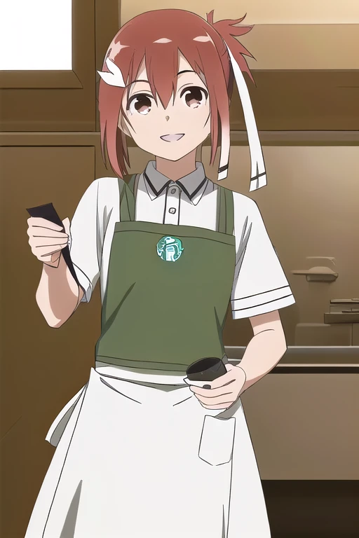 (high resolution, best quality, textile shading:1.3), (detailed, beautiful detailed eyes, super detailed skin:1.2), (caustics, ambient light, sunlight, hard shadows:1.2), from below, 1girl, solo, yuuki yuuna, kitchen, red hair, short ponytail, hair ornament, starbucks apron, (happy), standing