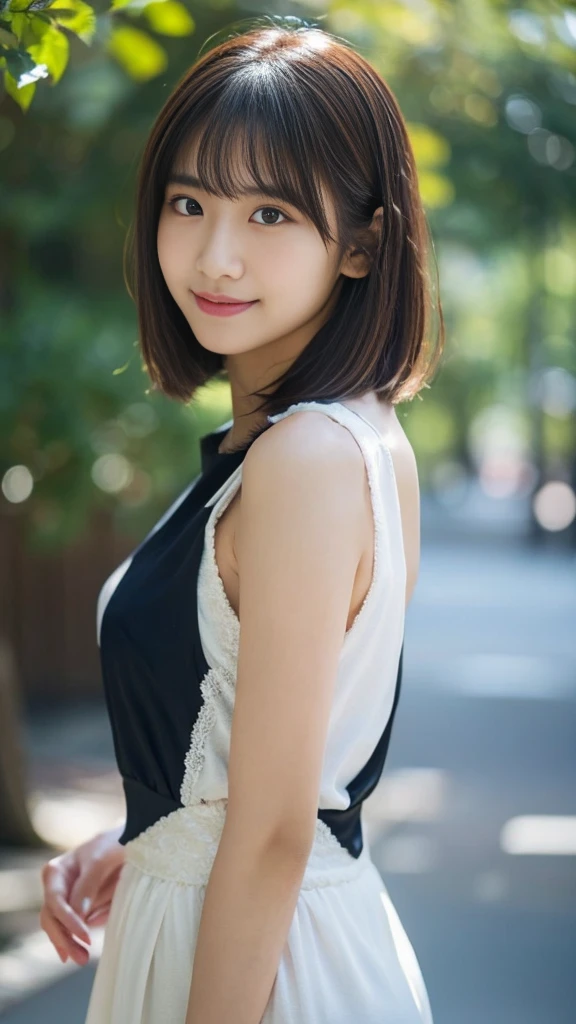 masterpiece, Highest quality, Ultra-high resolution, Super detailed, Sharp focus, One girl, alone, Amazingly cute and beautiful sexy Japanese model, 19 years old, View your viewers:1.3, (bright smile:0.6), wearing (blouse), evening, sunset, night, Realistic, thin, (Are standing:1.1), (Looking at the audience:1.3), Sexy Gaze, blush, (Upper Body Shot:1.6), Medium Hair, Messy Hair, Asymmetrical bangs, Light brown hair, Messy Hair style, ((Pure White Camisole、Place your hands behind your head、smile、Light clothing))