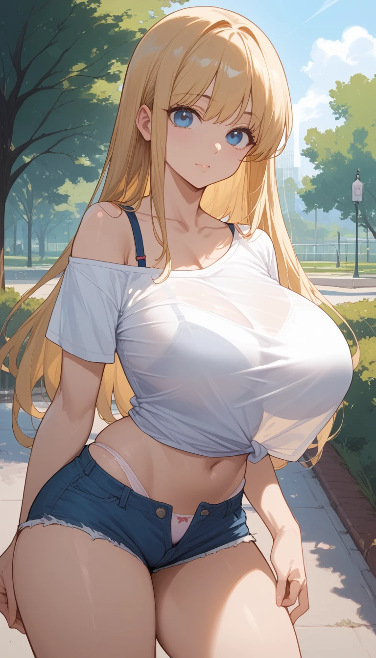 A girl with long blonde hair, huge breasts,huge ass,blue eyes , He is wearing a white t-shirt , polera One off shoulder , you can see the elastic of her bra,a small pair of shorts that are open with a button(You can see some elastic panties) ,She is standing in a park 