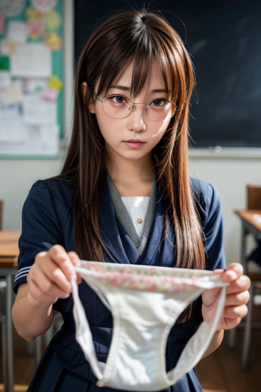 (Absurd:1.3),8k,(Detailed Photos:1.5),(Detailed face and skin:1.3),(Ultra-high resolution:1.5),(Realistic:1.5),Symmetrical clear eyes,Well-groomed face,(Ray Tracing:1.3) ,One girl, Japanese,high school girl,(wearing Japanese high school uniform:1.3),(Navy High School Uniform:1.3), break (Panties as a gift), break (Details Cotton Blue Panties:1.1),masterpiece, Highest quality, Very detailed,classroom,Black medium straight hair,Focus Panties,Cinema Lighting,(blush:1.3), break (Panty stains:1.4),Glasses,