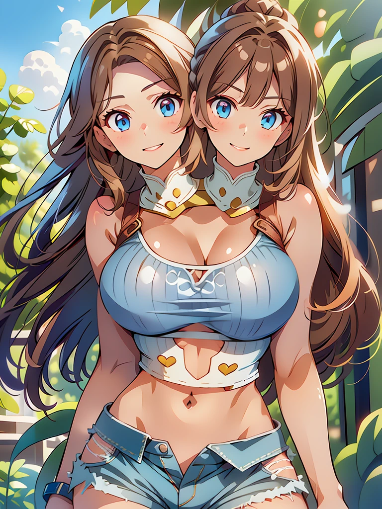 (highest quality, amazing details: 1.25), very large breasts, detailed eyes, detailed face, (2heads:1.5), 1girl, anime girl with two heads, tan brown hair color, light blue eyes, seductive, very sexy woman, beautiful, ((white crop top)), smiling, exposed midriff, denim shorts