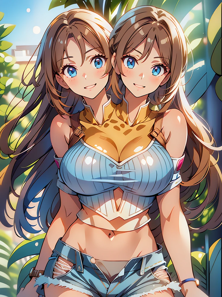 (highest quality, amazing details: 1.25), very large breasts, detailed eyes, detailed face, (2heads:1.5), 1girl, anime girl with two heads, tan brown hair color, light blue eyes, seductive, very sexy woman, beautiful, ((white crop top)), smiling, exposed midriff, denim shorts