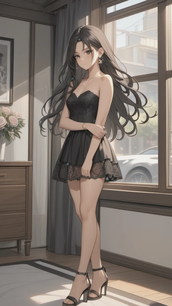 (((Adult woman)): (black lace miniskirt, rosê lace strapless cropped, black eyes, brown skin, dark skin, showing the whole body, ((black hair, long wavy hair)), (High heel sandals ). Closed mouth )); full body shot, cute smile ((dancing in front of bed)), bedroom background. High quality. 4k, 8k, many details. Masterpiece, accurate, anatomically correct, posing, detailed background, better quality, original work Focus on details, people's watching around, Front view, earrings,  wind blowing through window, eye glasses