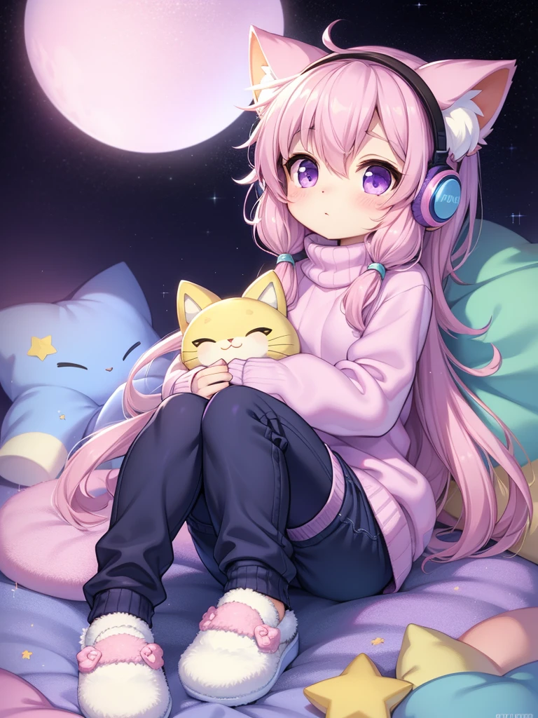 Cat Girl, Solo, Fluffy clothes, Sweaters, sleeves, sox, Slippers, Pastel colors, (Purple, Blue, Pink, yellow), Cozy, Dreamy, Stars, a sticker, Bubbles, Glitter, brilliance, plushies, headphones