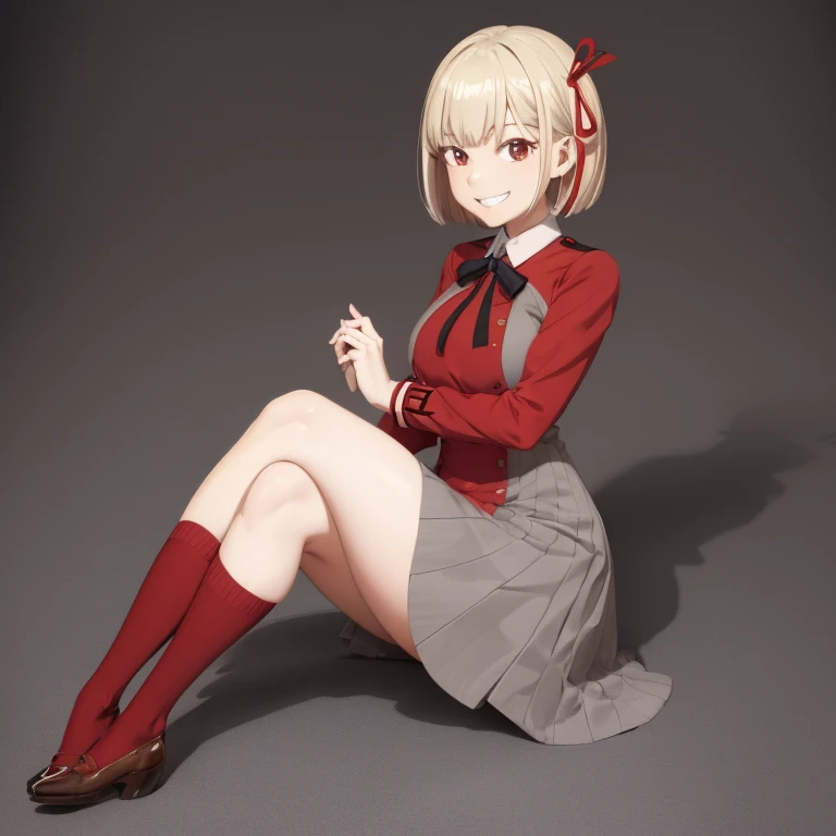 High Quality, Masterpiece, 1girl, nishikigi chisato, bob cut, hair ribbon, lycoris uniform, two-tone dress, huge breast, thick legs, red dress, grey dress, neck ribbon, long sleeves, double v, seductive smile, grin, leaning forward, thighight