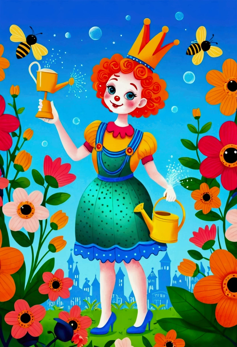 Cartoon clown queen watering flowers with watering can, Colorfull illustration, Color illustrations, Colorful book illustration, Full color illustrations, coronation of Flower Prince, bee，honeycomb，Coloring Pages, Drawn in a whimsical style, Color illustrations, Coloring Pages, Flower Prince, Coloring book pages, Official illustrations, Full Color Illustration, illustration, Full-color digital illustrations, Cute fairy tale illustration