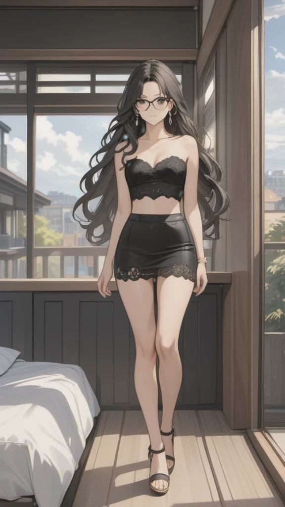 (((Adult woman)): (black lace miniskirt, rosê lace strapless cropped, black eyes, brown skin, dark skin, showing the whole body, ((black hair, long wavy hair)), (High heel sandals ). Closed mouth )); full body shot, cute smile ((posing in front of bed)), bedroom background. High quality. 4k, 8k, many details. Masterpiece, accurate, anatomically correct, posing, detailed background, better quality, original work Focus on details, people's watching around, Front view, earrings,  wind blowing through window, eye glasses