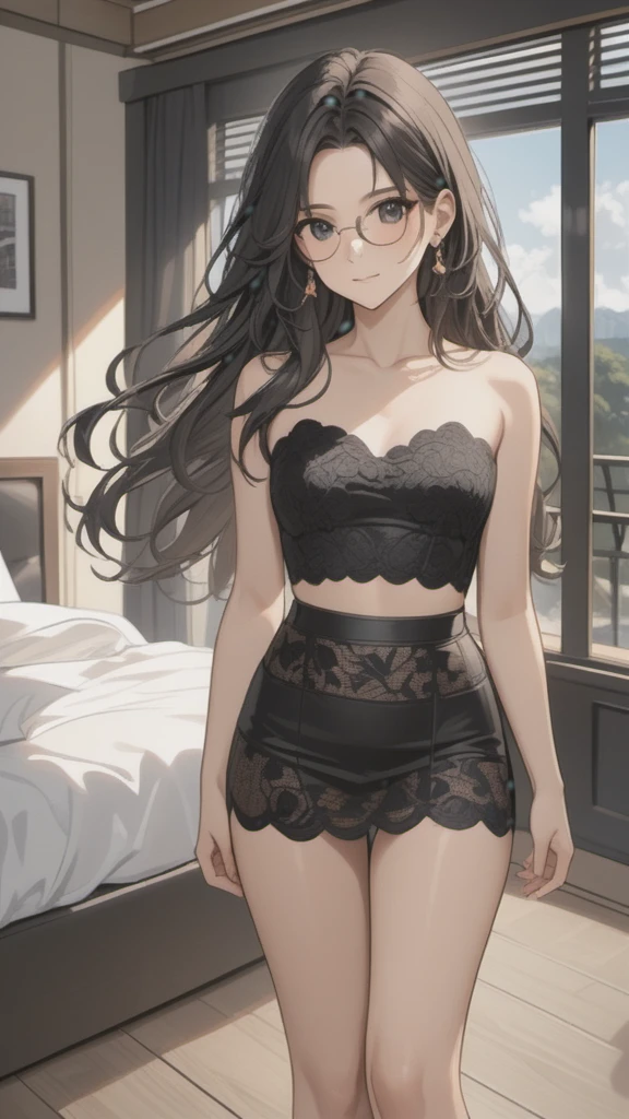 (((Adult woman)): (black lace miniskirt, rosê lace strapless cropped, black eyes, brown skin, dark skin, showing the whole body, ((black hair, long wavy hair)), (High heel sandals ). Closed mouth )); full body shot, cute smile ((posing in front of bed)), bedroom background. High quality. 4k, 8k, many details. Masterpiece, accurate, anatomically correct, posing, detailed background, better quality, original work Focus on details, people's watching around, Front view, earrings,  wind blowing through window, eye glasses