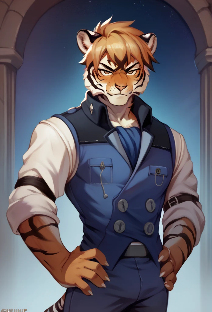 A tiger, with sleeves suit, Hairstyle (Pompadour), stopped, night low lighting, bottom, pose, posing,  Serious, Looking at viewer, detailed youthful face, ojos detailed, hands on hips, detailed, takes medium body, High quality, 4k.