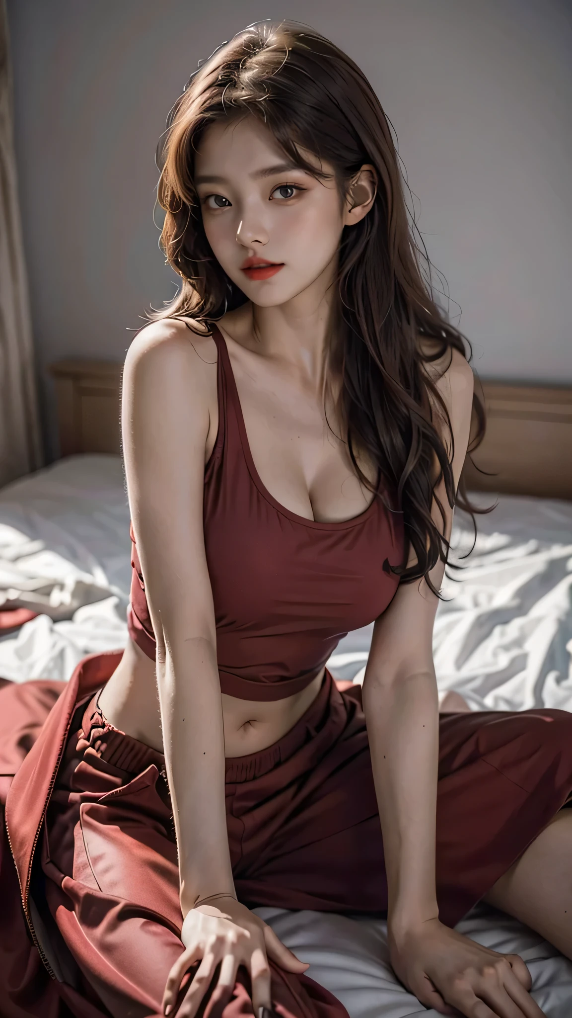 (Bellucci Monica)，Beautiful woman with red hair，Loose pajamas，Big ass exposed，sit on a bed，Raised sexy，Realistis，perfectquality，photorealiscic face，photorealistic eye，The view behind the butt，Black panty
