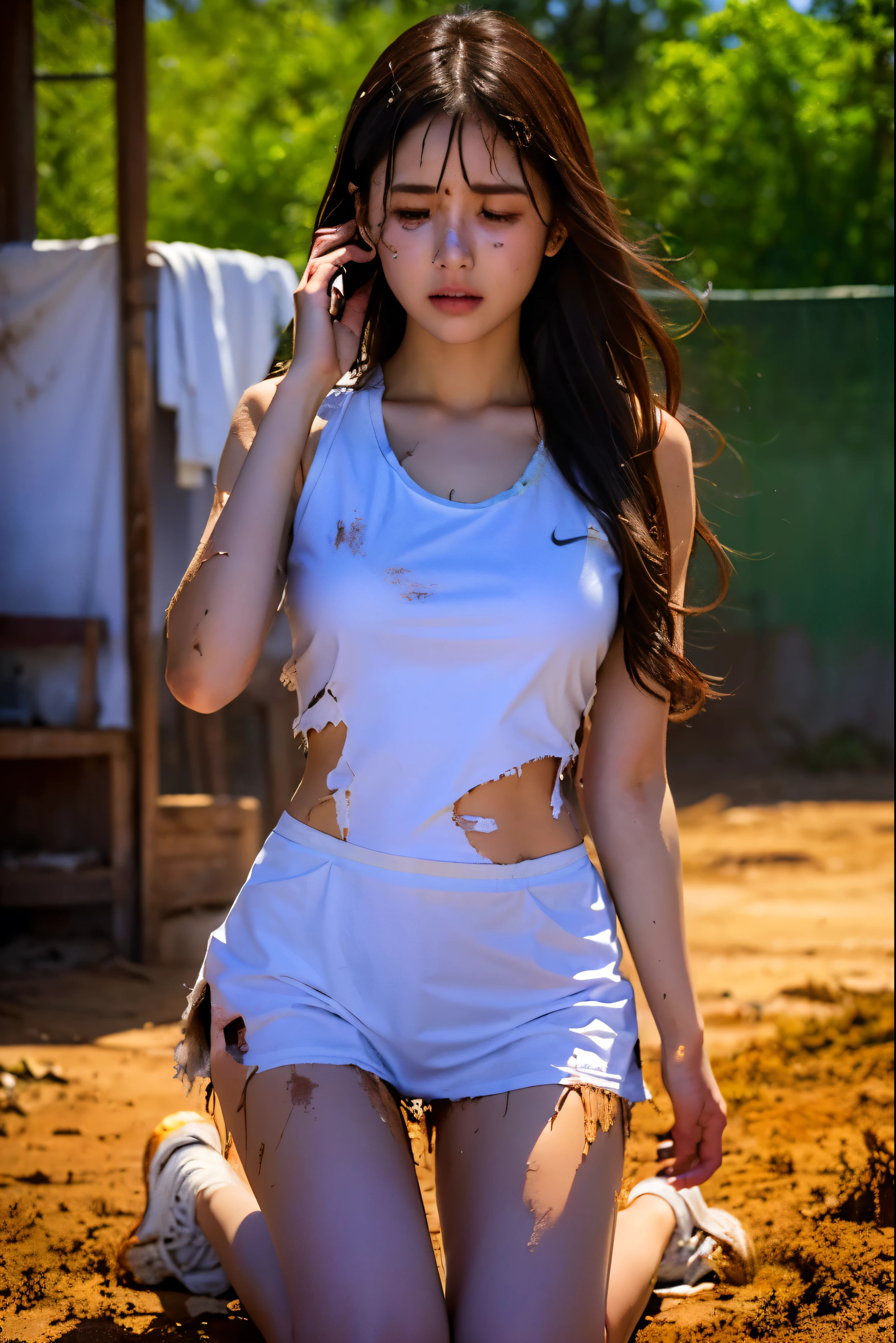 (Perfect Anatomy, Realistic, Best Quality, Clear photos, Masterpiece), ((Clothes covered in mud, Heavily tattered clothing, A Crying girl with (Tattered and Torn) white tennis uniform)), 1 girl, almost naked, Black long hair covered in mud, Very pretty girl, Heavily Torn white tennis uniform is covered in mud, A white tennis uniform that is torn in tattered, ((Only 30% of the clothes remain)), Pretty girl covered in mud, Beautiful face, (She is crying because her clothes are torn and he is embarrassed.), (Partial exposure of the thighs), kneel down
