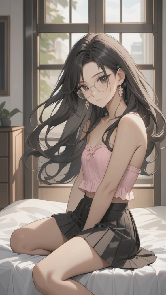 (((Adult woman)): (black pleated miniskirt, pink strapless cropped, black eyes, brown skin, dark skin, showing the whole body, ((black hair, long wavy hair)), (High heel sandals ). Closed mouth )); full body shot, cute smile ((posing in front of bed)), bedroom background. High quality. 4k, 8k, many details. Masterpiece, accurate, anatomically correct, posing, detailed background, better quality, original work Focus on details, people's watching around, Front view, earrings,  wind blowing through window, eye glasses