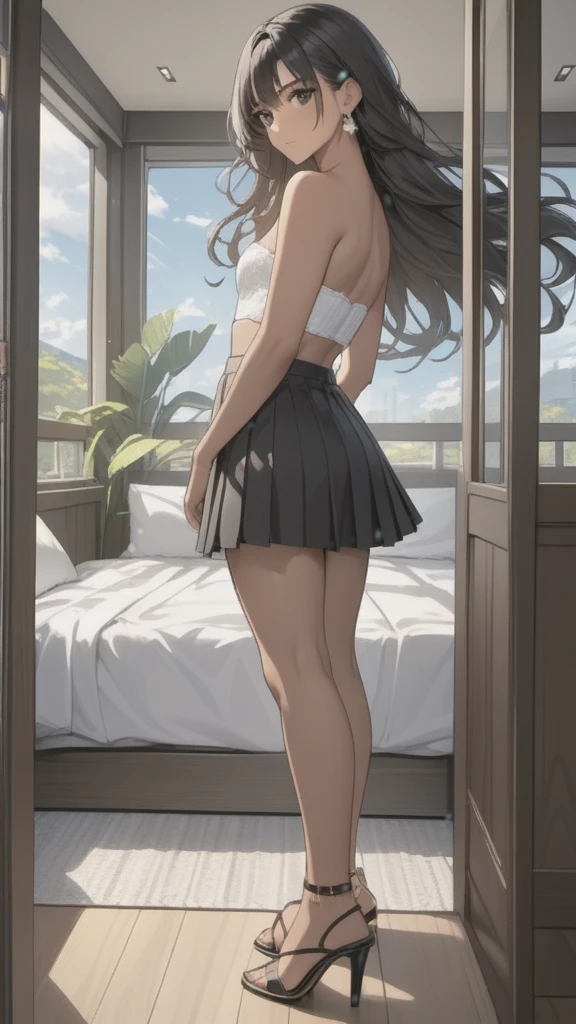 (((Adult woman)): (black pleated miniskirt, pink strapless cropped, black eyes, brown skin, dark skin, showing the whole body, ((black hair, long wavy hair)), (High heel sandals ). Closed mouth )); full body shot, cute smile ((posing in front of bed)), bedroom background. High quality. 4k, 8k, many details. Masterpiece, accurate, anatomically correct, posing, detailed background, better quality, original work Focus on details, people's watching around, Front view, earrings,  wind blowing through window, eye glasses