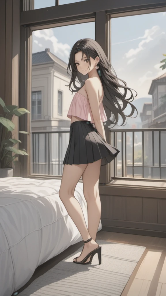 (((Adult woman)): (black pleated miniskirt, pink strapless cropped, black eyes, brown skin, dark skin, showing the whole body, ((black hair, long wavy hair)), (High heel sandals ). Closed mouth )); full body shot, cute smile ((posing in front of bed)), bedroom background. High quality. 4k, 8k, many details. Masterpiece, accurate, anatomically correct, posing, detailed background, better quality, original work Focus on details, people's watching around, Front view, earrings,  wind blowing through window, eye glasses