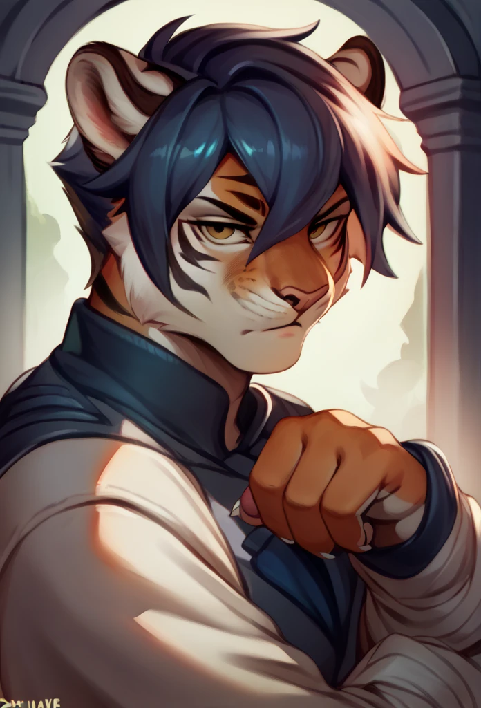 A tiger, with sleeves suit, Hairstyle (Pompadour), stopped, night low lighting, bottom, pose, posing,  Serious, Looking at viewer, detailed youthful face, ojos detailed, detailed, takes medium body, High quality, 4k.