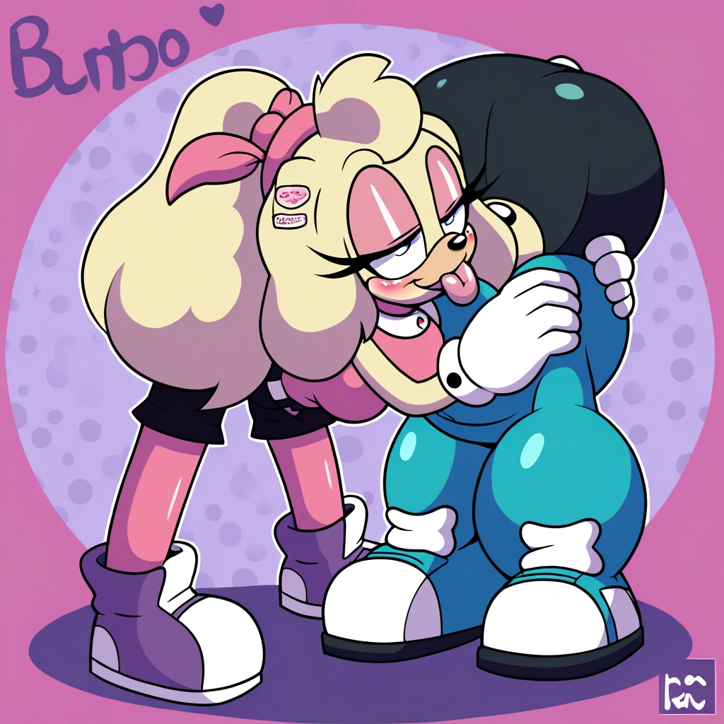 2heads, a tall skinny woman with 2 heads. She is in a dark bedroom. Enormous breasts. She has long straight blue hair. She is wearing a tight black band t shirt. Wearing shorts. Massive fake perky breasts. Blowjob, licking penis, sucking penis to side. Blushing, cute mature face. Skinny, huge breasts. Spunky. Many tattoos and piercings. Thick eyeliner. Stroking penis.