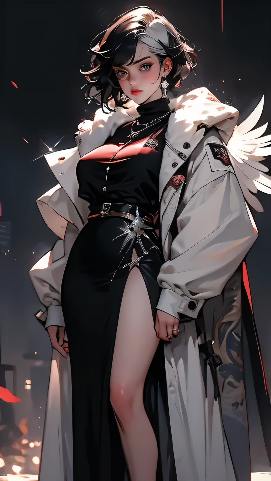 ((Masterpiece)), envision a 8k, highres, cinematic, extremely beautiful semi realistic full body pinup of a beautiful mature lady with a strong face, slender body, athletic body, curvy body, mean face, frown, Armour, dress, Silver wings, Angry, ((short Black hair)), silver hair, multicolored hair, blush, smile, flustered, side locks, long bangs, round face, long sweeping bangs, red eyes, soft lips, lip gloss, thick eyebrows, round face, ((((1girl)))), in dark lighting, against a dark gray background