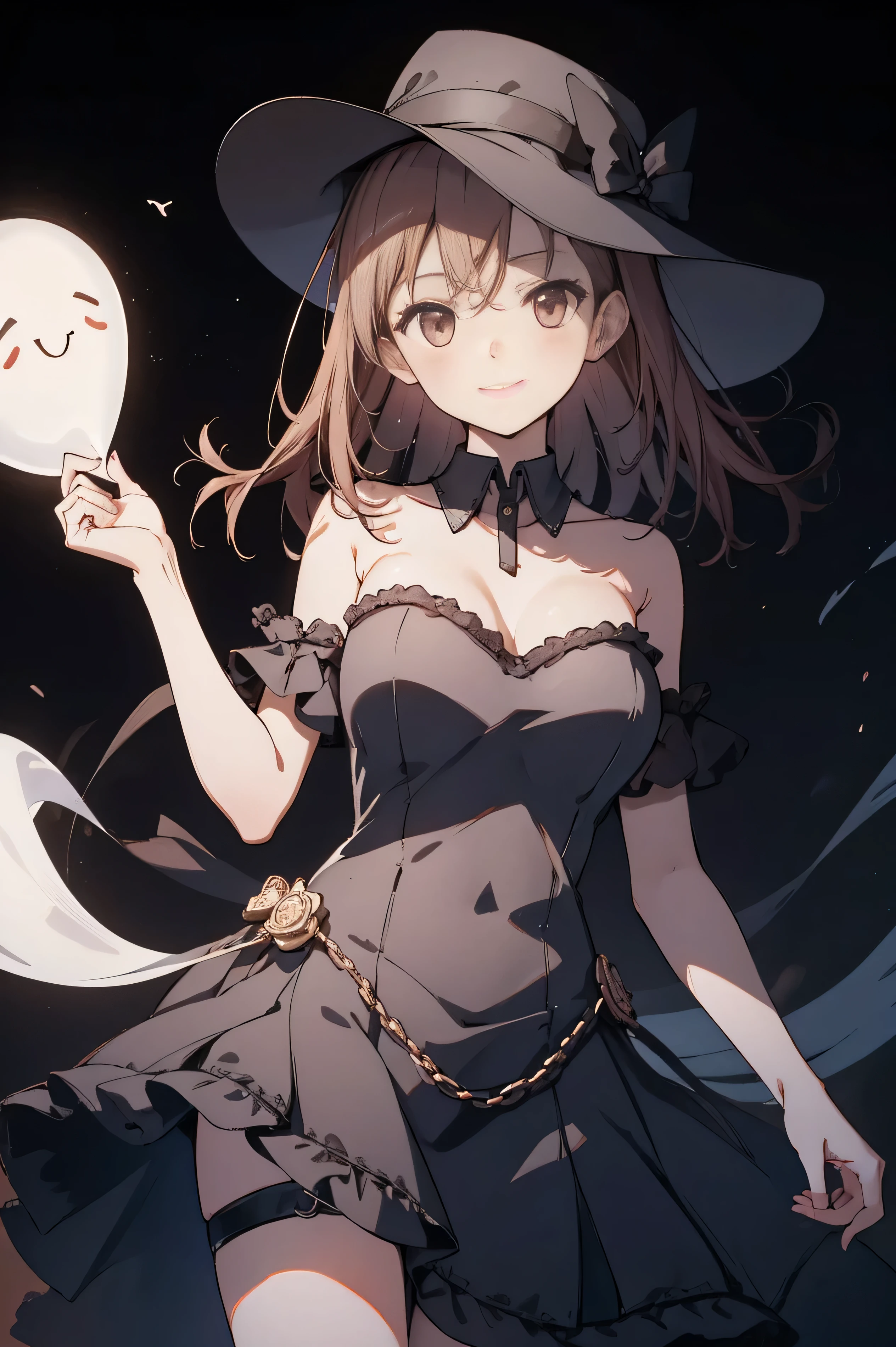 per0na
1girl, solo, t1mesk1p, large breasts, black frilled strapless dress, holding a ghost, smile, hat
simple black background