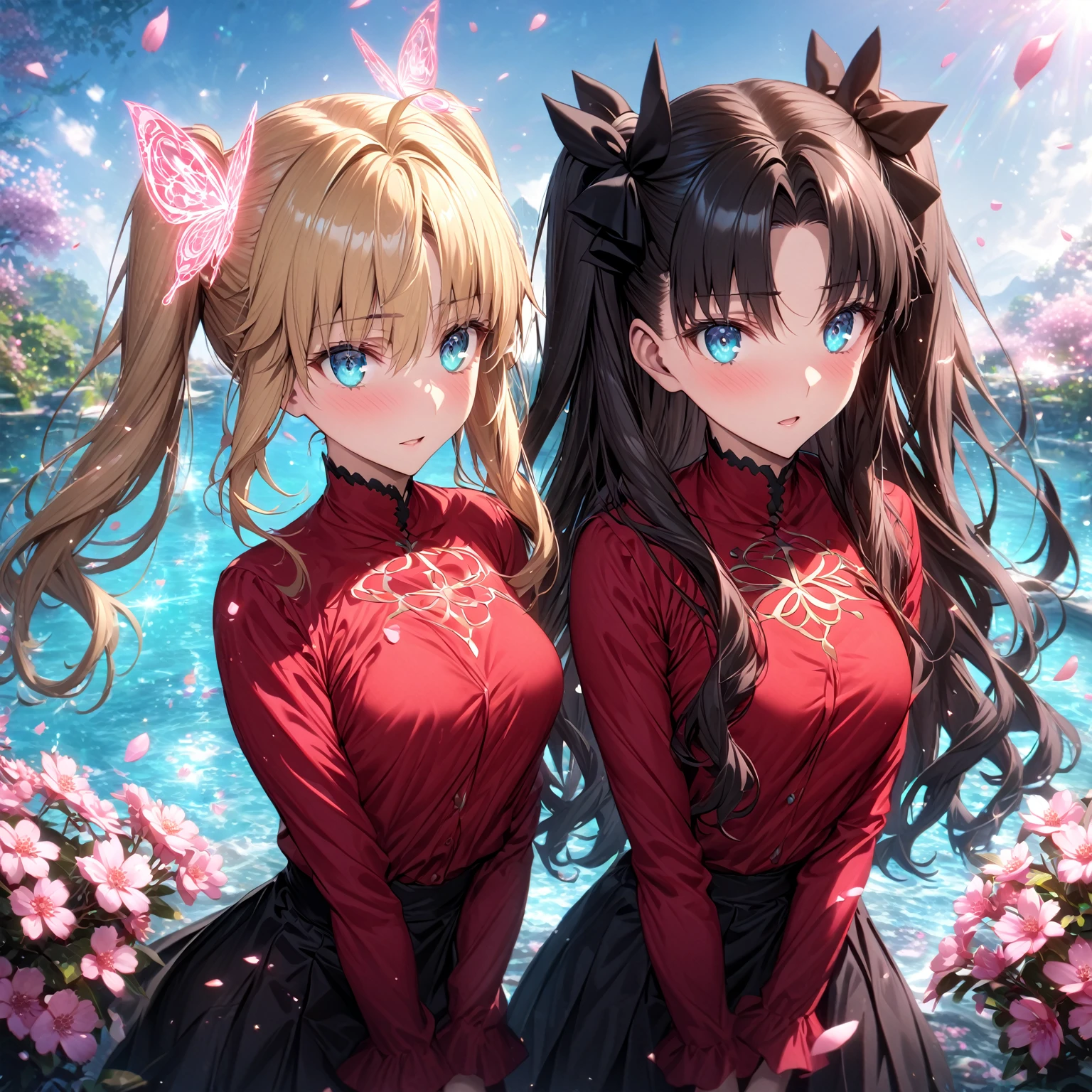 absurdres, highres, ultra detailed, HDR, master piece, best quality, extremely detailed, detailed eyes, detailed face, Tohsaka Rin, black hair, expressive blue eyes, Fate Grand Order, Artoria Pendragon, blonde hair, expressive turquoise eyes, two women together, beautiful, red shirt, black skirt, white shirt, water, glittering pink butterflies, garden, magic circle, green leaves, pink petals, pink flowers, fantasy, magical, pink cherry blossoms, powers, magic