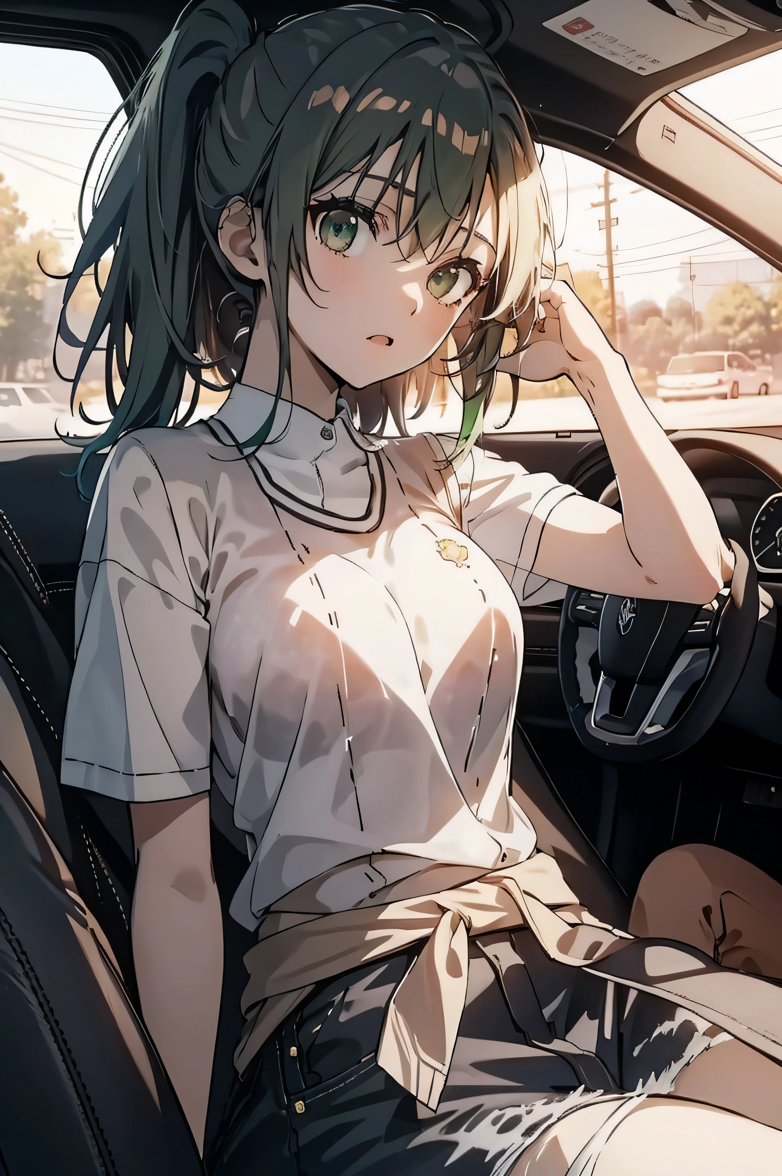 score_9, score_7_up,  washing vehicle, breast press, against glass, car interior, sponge, 1girl , steering wheel,  Mion Sonozaki, green eyes, ponytail, green hair, yellow T-shirt,white clothes around waist, jeans