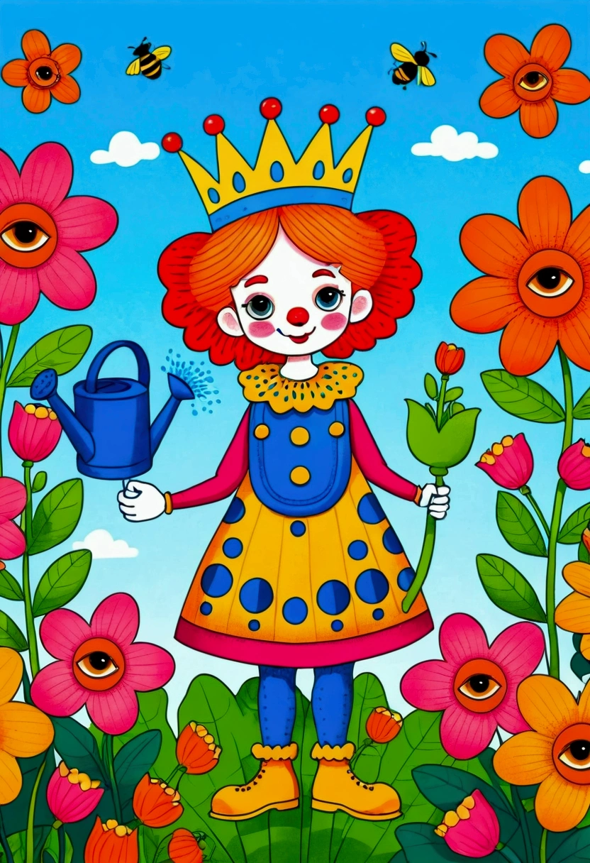 Cartoon clown queen watering flowers with watering can, Colorfull illustration, Color illustrations, Colorful book illustration, Full color illustrations, coronation of Flower Prince, bee，honeycomb，Coloring Pages, Drawn in a whimsical style, Color illustrations, Coloring Pages, Flower Prince, Coloring