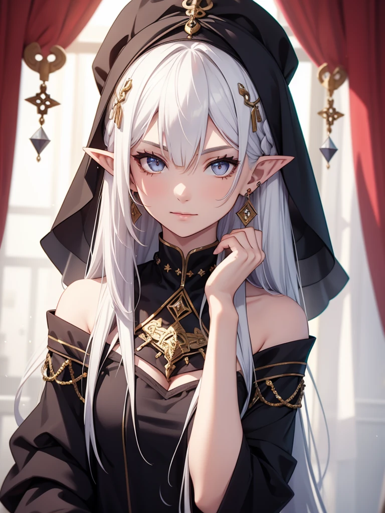 a dark elf girl, beautiful detailed eyes, beautiful detailed lips, extremely detailed face and portrait, long dark hair, intricate elvish headpiece, pointed ears, slight smile, elegant dress, dark fantasy, cinematic lighting, dramatic shadows, moody colors, fantasy art, digital painting, concept art, photorealistic, 8k, highly detailed, masterpiece