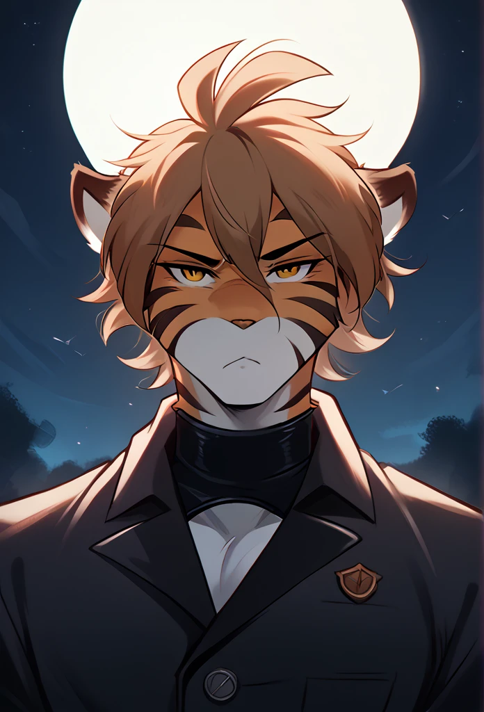 A tiger, with sleeves suit, Hairstyle (Pompadour), stopped, night low lighting, bottom, pose, posing,  Serious, Looking at viewer, detailed youthful face, ojos detailed, detailed, takes medium body, High quality, 4k.