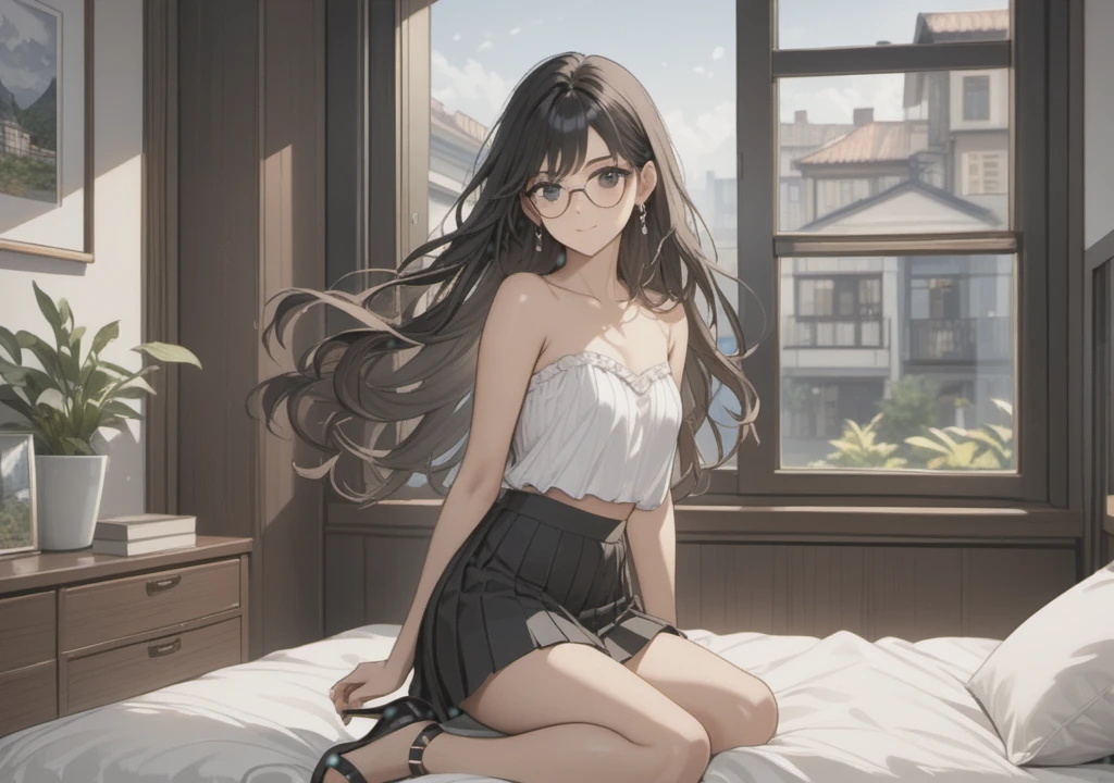 (((Adult woman)): (black pleated miniskirt, pink strapless cropped, black eyes, brown skin, dark skin, showing the whole body, ((black hair, long wavy hair)), (High heel sandals ). Closed mouth )); full body shot, cute smile ((posing in front of bed)), bedroom background. High quality. 4k, 8k, many details. Masterpiece, accurate, anatomically correct, posing, detailed background, better quality, original work Focus on details, people's watching around, Front view, earrings,  wind blowing through window, eye glasses