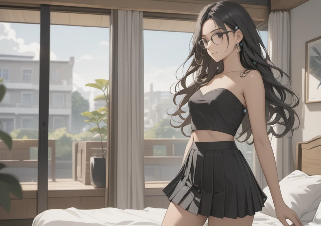 (((Adult woman)): (black pleated miniskirt, pink strapless cropped, black eyes, brown skin, dark skin, showing the whole body, ((black hair, long wavy hair)), (High heel sandals ). Closed mouth )); full body shot, cute smile ((posing in front of bed)), bedroom background. High quality. 4k, 8k, many details. Masterpiece, accurate, anatomically correct, posing, detailed background, better quality, original work Focus on details, people's watching around, Front view, earrings,  wind blowing through window, eye glasses