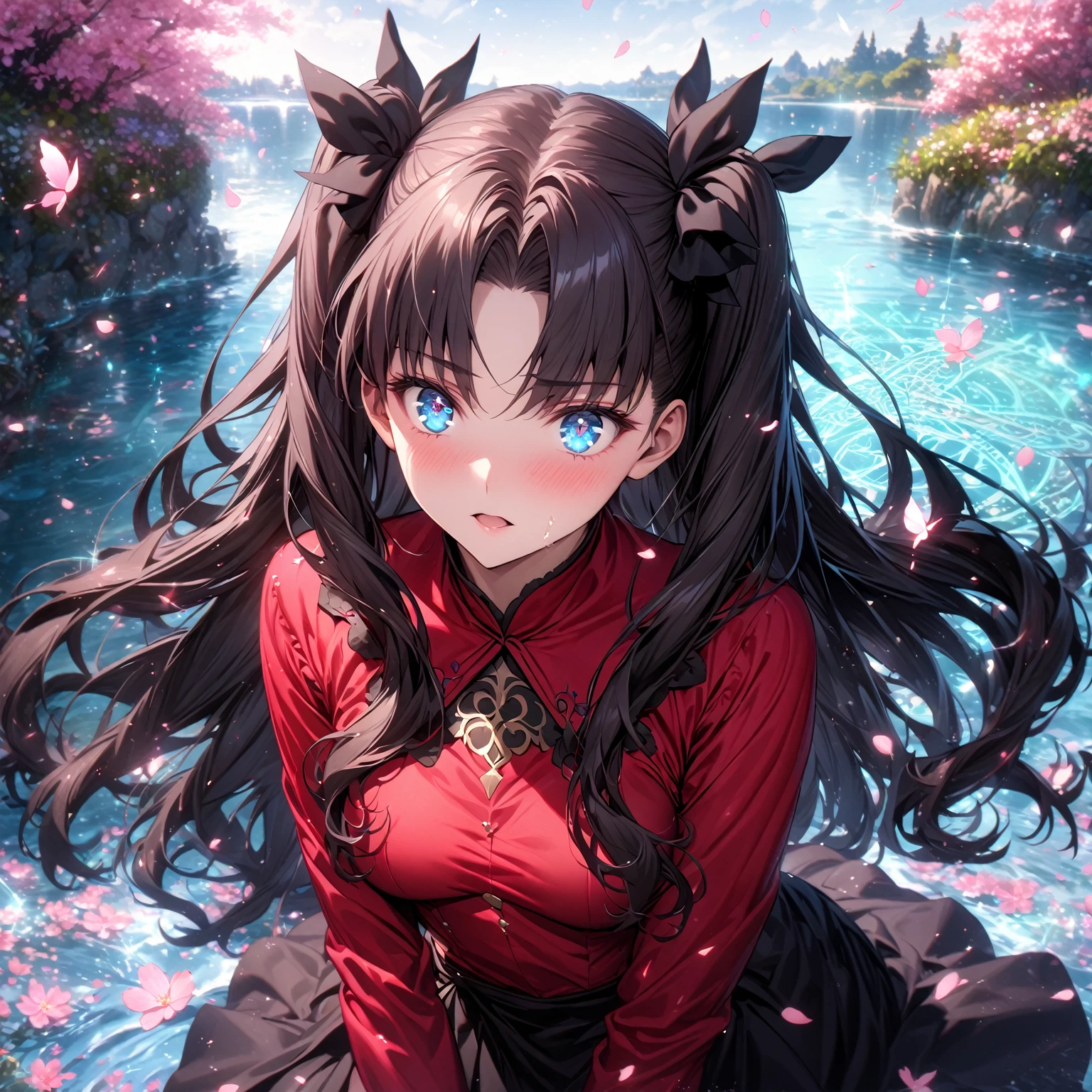 absurdres, highres, ultra detailed, HDR, master piece, best quality, extremely detailed, detailed eyes, detailed face, Tohsaka Rin, black hair, expressive blue eyes, Fate Grand Order, solo, woman, beautiful, red shirt, black skirt, water, glittering pink butterflies, garden, magic circle, green leaves, pink petals, pink flowers, fantasy, magical, pink cherry blossoms, powers, magic