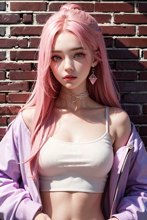 (masterpiece, best quality, 1girl, solo, intricate details, chromatic aberration), realistic, ((medium breath)),long hair, pink hair, red head ornament, pink highlights, hair over one eye,purple eyes, earrings, sharp eyes, choker, neon shirt, open jacket, crop top, (symmetry eyes),(perfect symmetrical body),against wall, brick wall, graffiti, dim lighting, alley ,look at viewer