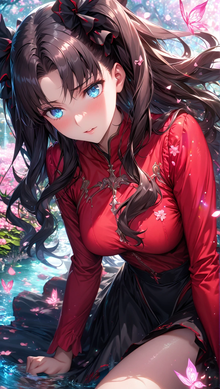 absurdres, highres, ultra detailed, HDR, master piece, best quality, extremely detailed, detailed eyes, detailed face, Tohsaka Rin, black hair, expressive blue eyes, Fate Grand Order, solo, woman, beautiful, red shirt, black skirt, water, glittering pink butterflies, garden, magic circle, green leaves, pink petals, pink flowers, fantasy, magical, pink cherry blossoms, powers, magic