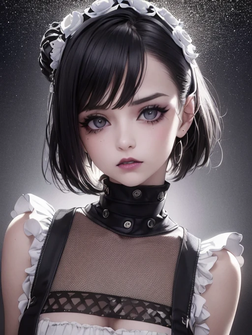 Bun black short hair、Let it shine, Beautiful pale blue and red odd eyes、Big double eyelid eyes、round face、eyeliner、Snow-white skin、shiny skin with shiny cheeks、A magical green dress with a visible back、