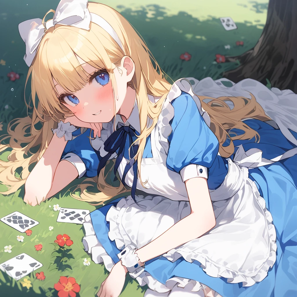 One girl, Alice, Alone, blue eyes, Blonde Hair, blue hair bow, Long Hair, Puff short sleeves, White apron, Blue Dress, white thighhighs小さな胸, sweat, (Glittering Skin), Highly detailed outdoor environments, Beautiful Face, A beautiful girl is having a comfortable nap in the shade, Alice・イン・ワンダーランド, Aliceは大きな木にもたれて眠っている, Beautiful Fields, The river flows, Aliceの周りに古い本が約5冊ある, One of them is open, トランプがAliceの周りにあり、About 10 playing cards are lying around, Hearts and diamonds are red, Spades and clovers are black, 1つのポケットウォッチがAliceの眠っている顔の近くに落ちている, Pocket watches are beautiful、Looks very expensive, Gentle Breeze, White Flower, peace, Story Scene,