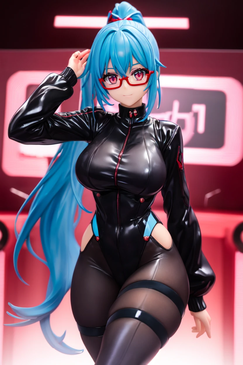 ultra-detailed photography of a nude girl 1nerdy in gothic and neon colors. She has ((turquoise hair)), wear a (High-tech clothing) and a (black thong, red pattern:1.2) nerdy glasses,, ((beautiful and aesthetic)), sexly, Underbust, hot, Massive legs, stretched out behind, Giant breasts, top anatomy