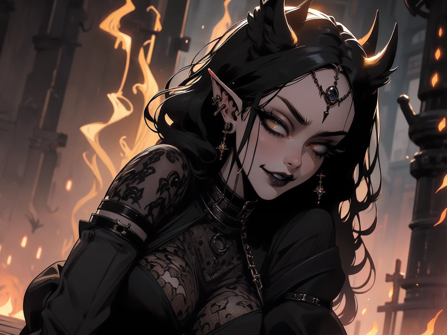 high détail, work of art, dramatic lighting(absurderes, high resolution, ultra detaild), extremely detailed 8k CG unit. mature face, adult Woman, Woman, mature Woman, elf, piercings, Short Wavy Black Hair and Bangs, (black hair),  yellow  eyes, modest black clothes, mad expression, angry,  whole body.