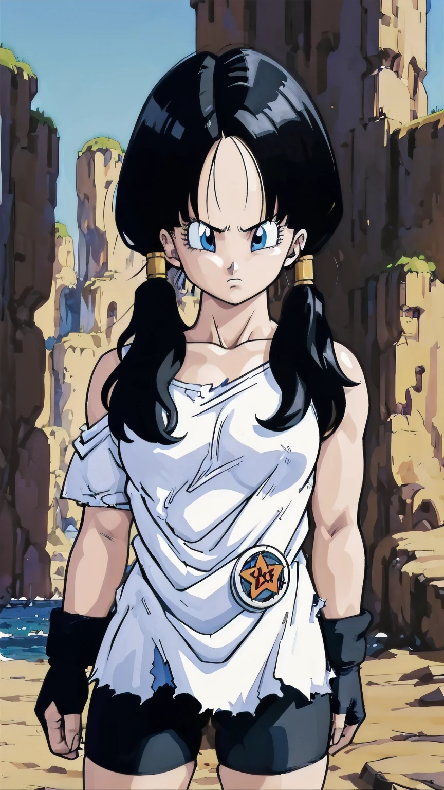 (masterpiece), anime, Best Quality, Good anatomy, 2, Alone, ( On my knees),blue eyes, Black Hair, Twin tails, Black gloves, big chest realistic face, Gloomy face, Looking down, bicycle_Shorts, bangs, White shirt, Reflector, 8K masterpieceultra-detailed, Movies Movies, Best Quality, Best details, Detailed face, fine grain, Shooting from below、(wilderness、sand、audience)、(nsfw、big 、Torn clothes、Upper body naked、Large areola、Cowboy Shot、、One-shoulder exposure、Blood、Wounded woman、Grab my arm、Troubled face、Embarrassed face、White Breath、Glare)