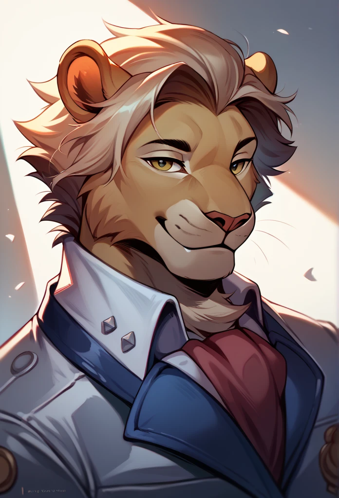 a lion, in suit, Hairstyle (Pompadour), stopped, wind night low lighting, bottom, Smiling, smiling, Looking at viewer, detailed youthful face, ojos detailed, detailed, takes medium body, High quality, 4k.