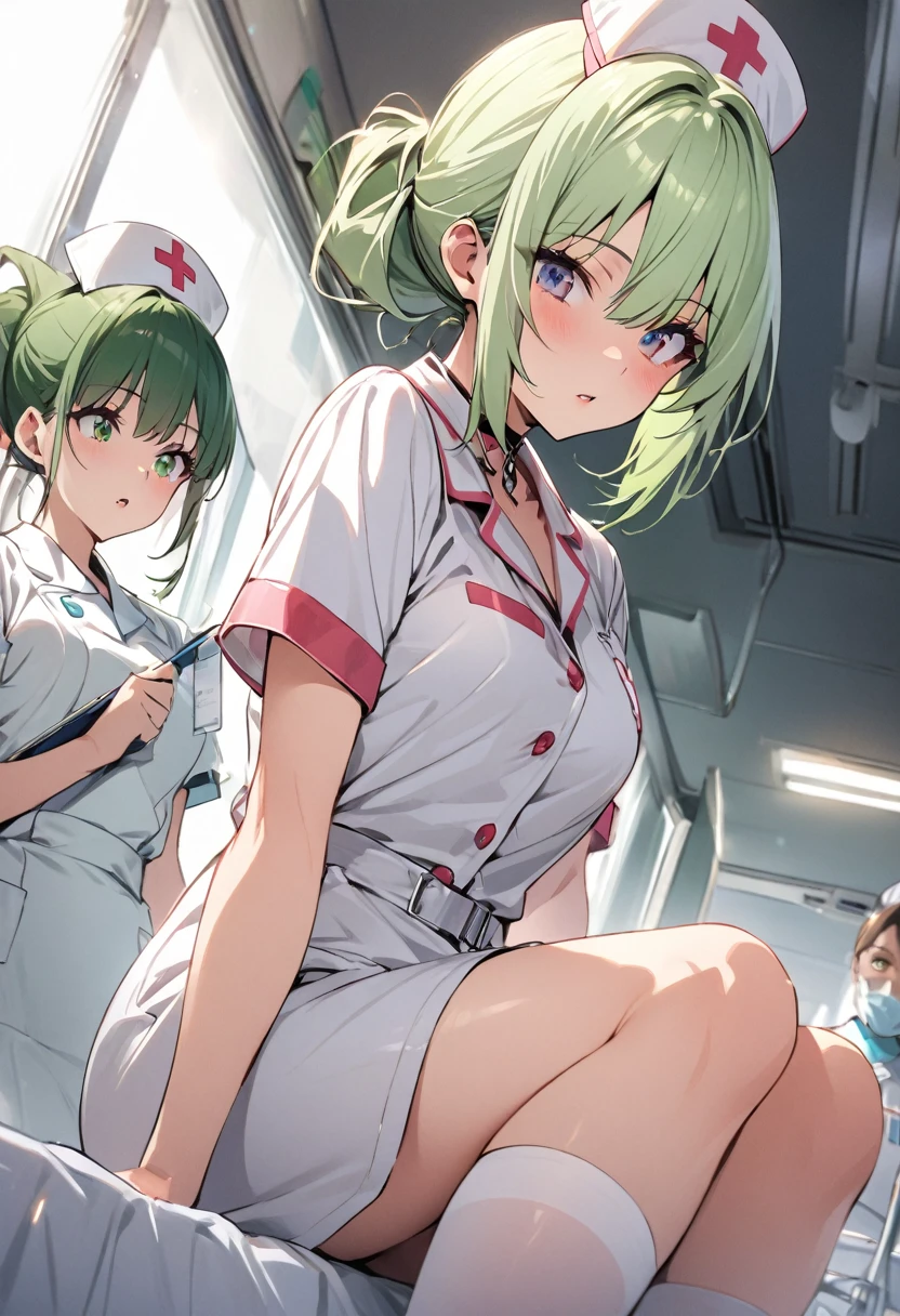 2 nurses、Lesbian Mika、Metamorphosis、big eye、Smaller head、disheveled blue hair、Desperate look、grabbing each other's ass、Saliva、Tongue out、Examination room、the kiss、modest chest、独奏、underwear is soaking wet、Touching the crotch、お漏らし、Tears、