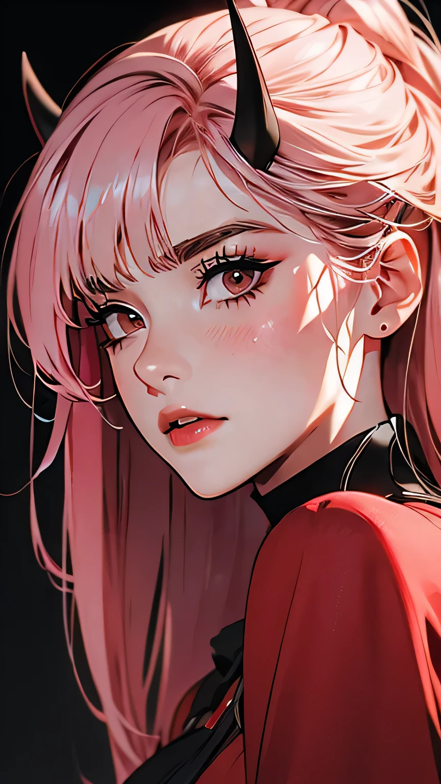 ((Masterpiece)), envision a 8k, highres, cinematic, extremely beautiful semi realistic close up portrait of a beautiful mature lady with a strong face, red outfit dress, slender body, athletic body, red horns, mean face, frown, ((long pink hair)), blush, smile, flustered, side locks, long bangs, round face, long sweeping bangs, red eyes, soft lips, lip gloss, thick eyebrows, round face, ((((1girl)))), in dark lighting, against a dark gray background