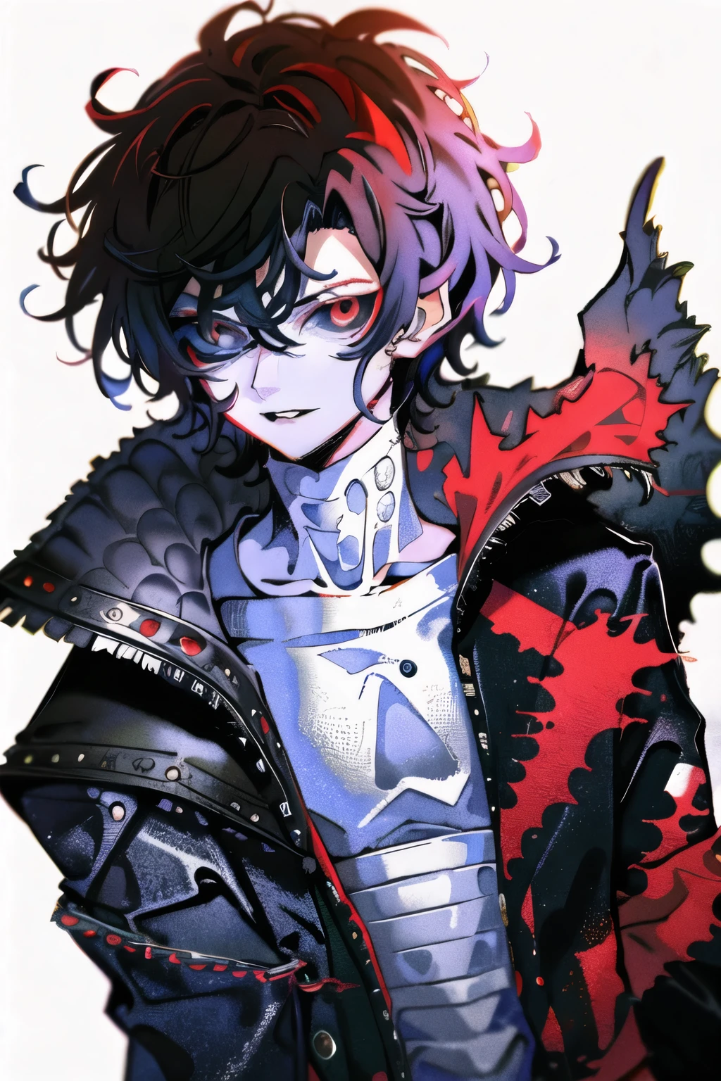 Handsome silly demiboy trans, black hair messy hair with red small eyes clownish goth style with alot of bandages sh marks, looking down, is depressed and silly. Is a vampire.