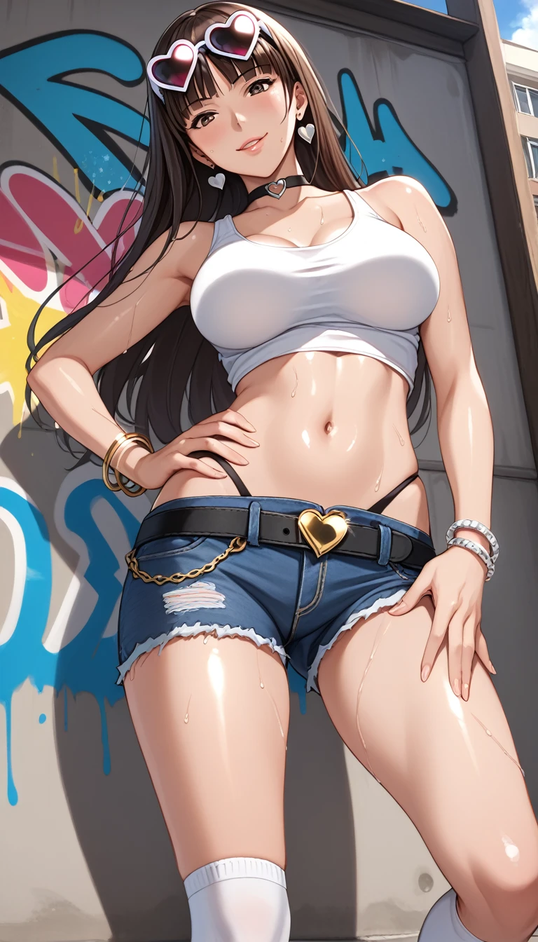 score_9, score_8_up, score_7_up, uncensored, high-key and low-variance brightness scale,soft light,realistic light and shadow, light and dark interlaced,(cowboy shot:1.3),(pov below view of underboob),female focus,looking at viewer,dramatic angle, BREAK nishizumi shiho, 1girl, mature female, blunt bangs, long hair, brown hair, straight hair, brown eyes, solo, (graffit),(paint splatter), fashionable female, (whole body), round face) legs, skinny body, detailed beautiful face, lustrous skin, shiny skin, articulated fingers, (sweat), navel, midriff, fullness lips, white tank top, thong, frayed denim shorts, white socks, sport shoes, off shoulders, belly chain, belt, hair ornament, heart-shaped earrings, silver bracelet, black choker outdoor, (summer), street, graffiti wall, seductive smile, blush, standing, hand on hip (sunglasses), (heart-shaped eyewear on head), 