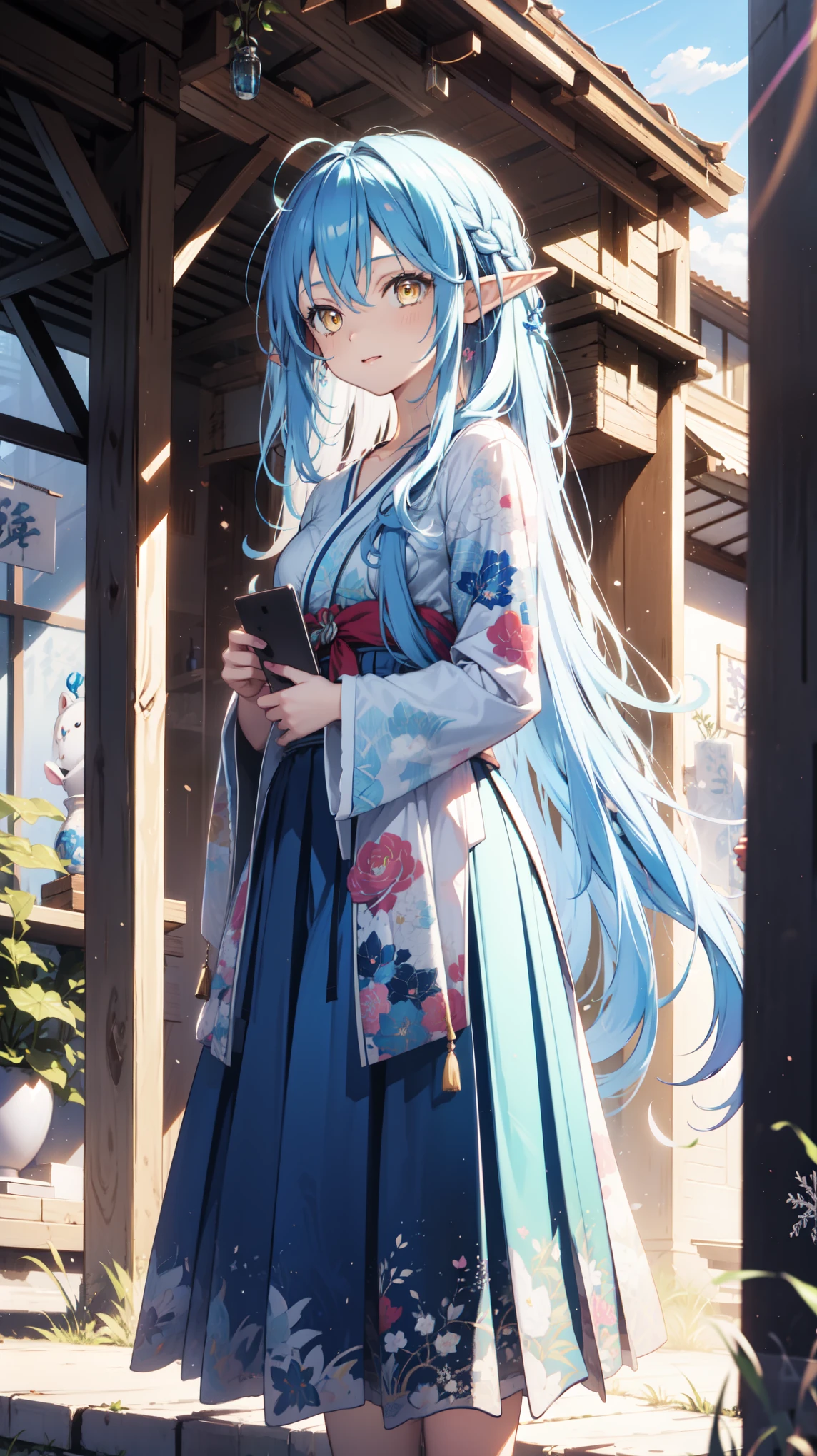 Anime Girl, Fantasy illustration, Flowing hair，Blue Japanese style long skirt，Transparent Clothes， Beautiful young elf, Dark blue hair，Medium-length hair，Special hairstyle，Shiny Shiny，Summer Festival，shop，in love，Hair Ring，Happy，Beautiful fantasy anime, 闪亮Flowing hair, Ethereal Anime, Beautiful anime artwork, Beautiful digital artwork, Anime Fantasy Artwork，Snowflake Rummy，