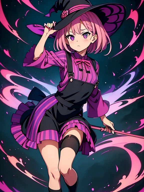 Overall image of a witch girl。The costume is black。Pink medium hair、Purple eyes。Stripes々Patterned socks。Long skirt。