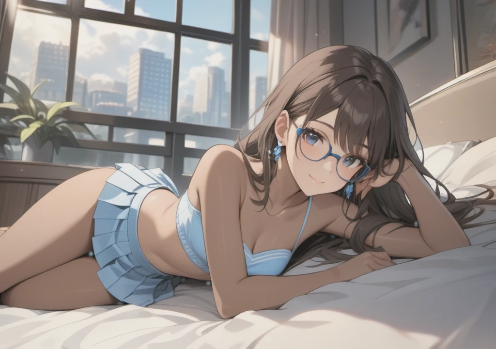 a woman with pleated miniskirt, strapless cropped top, clothes with trans flag colors((pink white and blue)), black eyes, (((brown skin))), long wavy dark hair, wearing high heel sandals, lying on bed, cute smile, bedroom background, high quality, masterpiece, anatomically correct, detailed background, better quality, original work, focus on details, people's watching around, front view, earrings, wind blowing through window, eye glasses