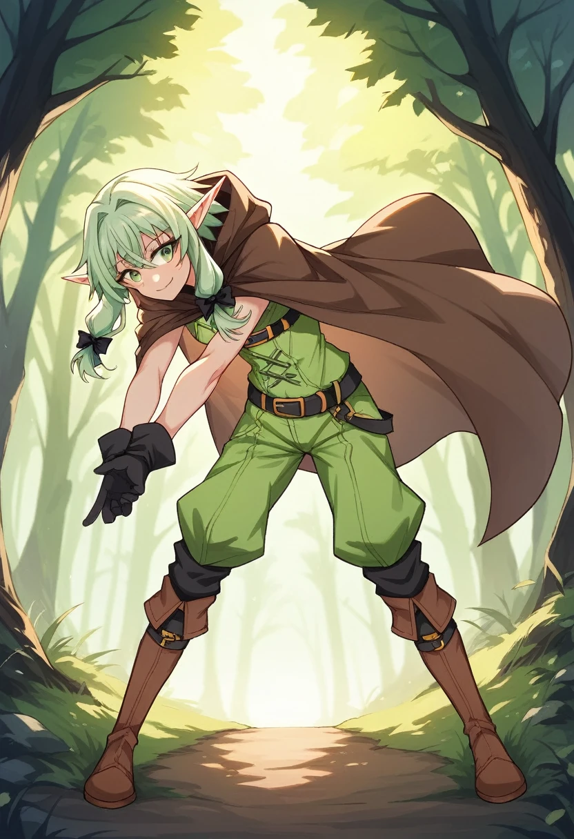 One person, high elf archer \(goblin slayer!\), goblin slayer!,  elf, green hair, green eye, black ribbon, brown cloak, black gloves, smile、A masterpiece break in a fantastic forest、Beautiful attention to detail:1.2, Perfect lighting, (perfect hand, perfect anatomy), Precise depiction、Vibrant colors.          Full body,       brown boots, 